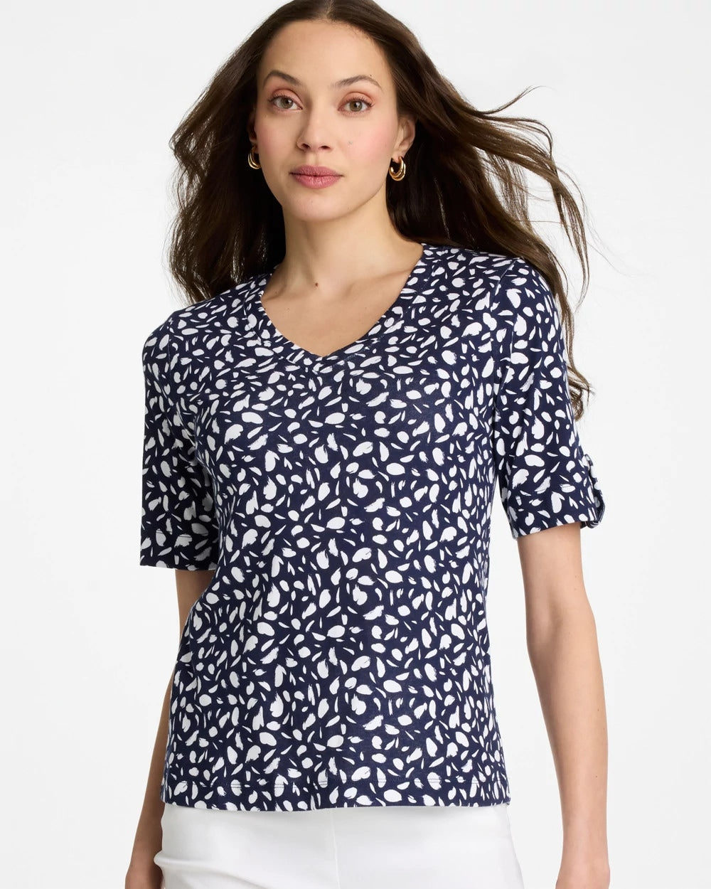 Chico's Printed Pima V-Neck Tee Passport Blue
