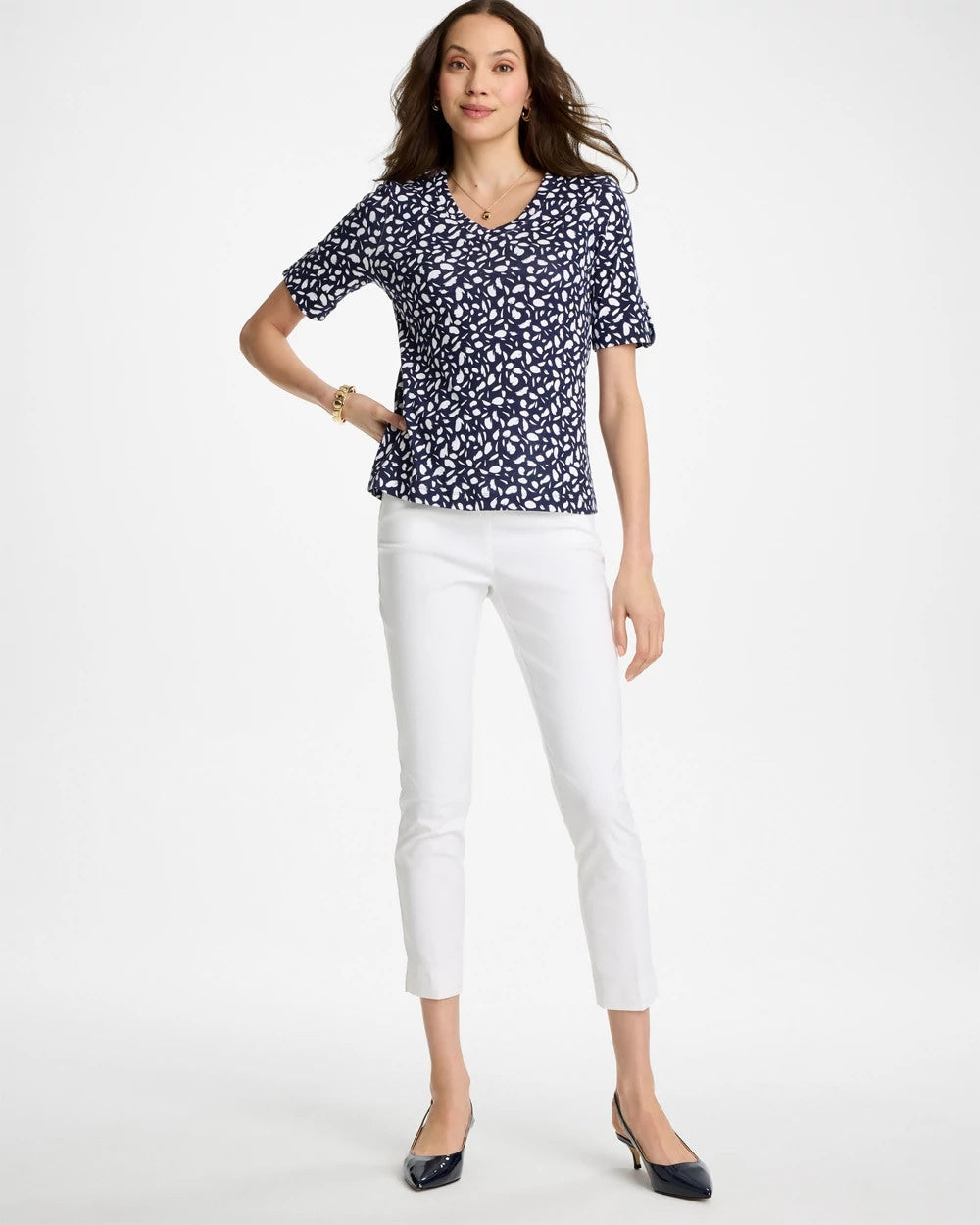 Chico's Printed Pima V-Neck Tee Passport Blue
