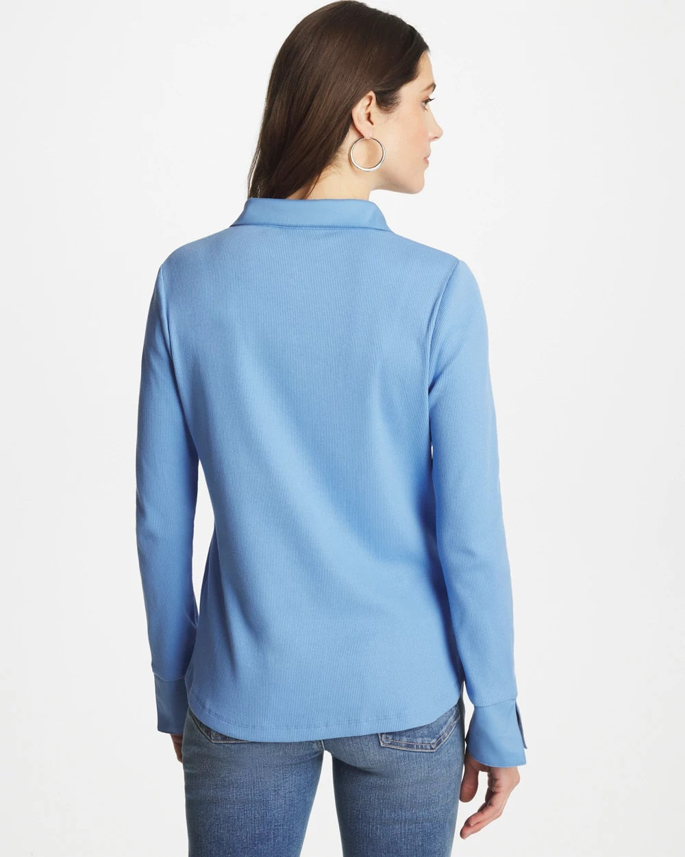 Chico's Knit Woven Mix Rib Henley Tidal Blue