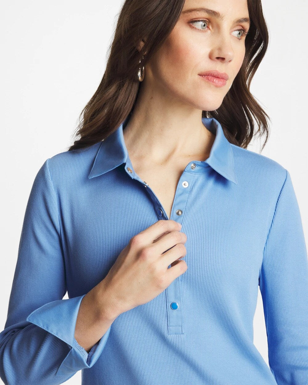 Chico's Knit Woven Mix Rib Henley Tidal Blue