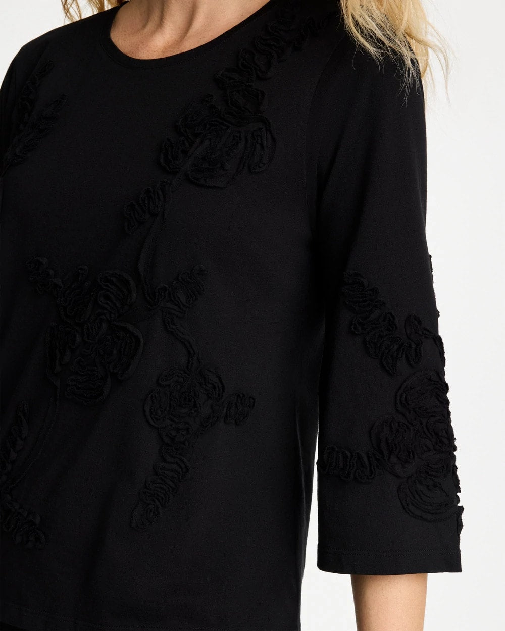 Chico's Soutache Elbow Sleeve Tee Black
