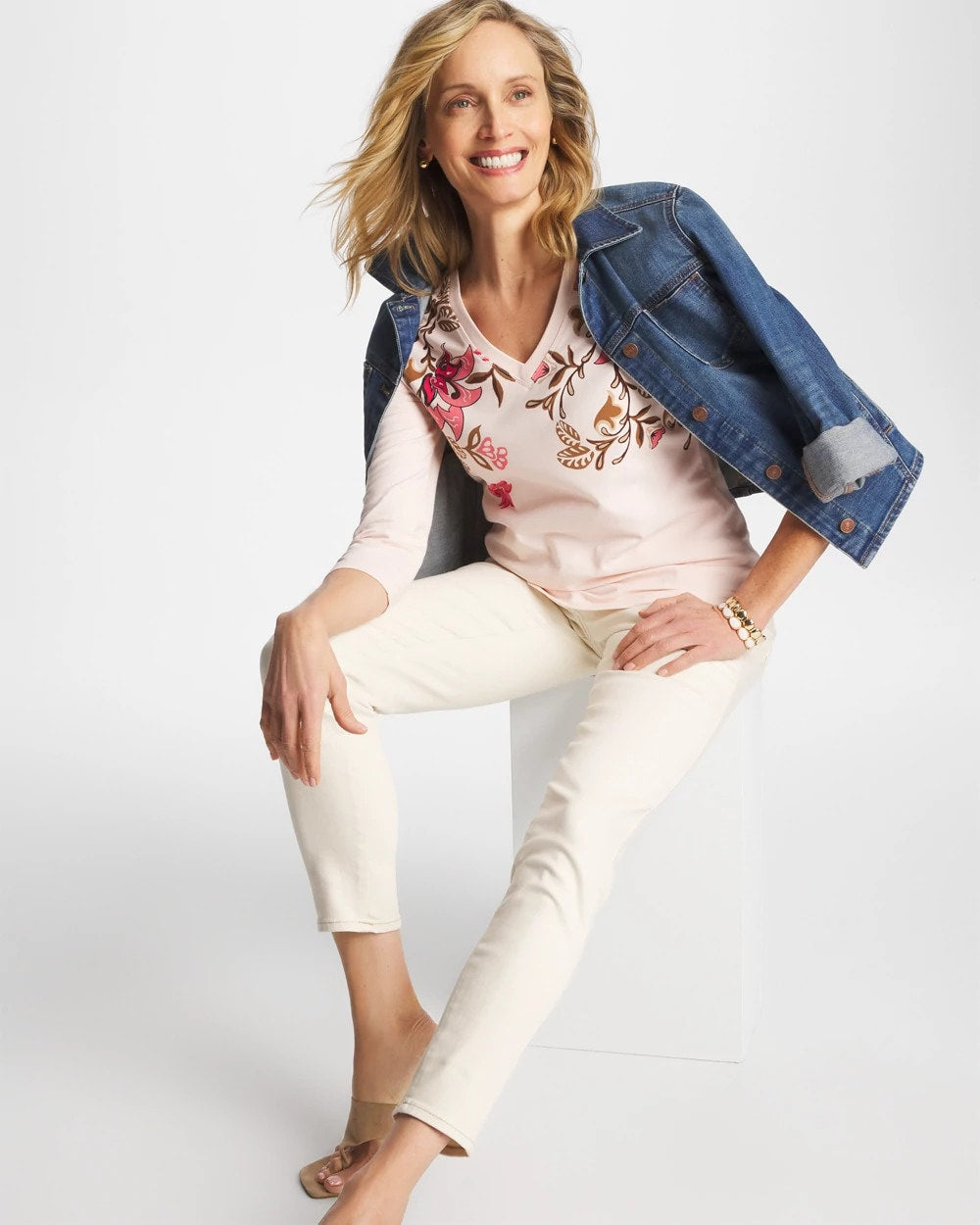 Chico's Stretch-Cotton 3/4 Sleeve Perfect Tee Siesta Rose