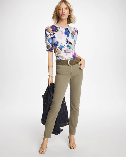 Chico's Geo Blur Ruched Sleeve Tee Passport Blue