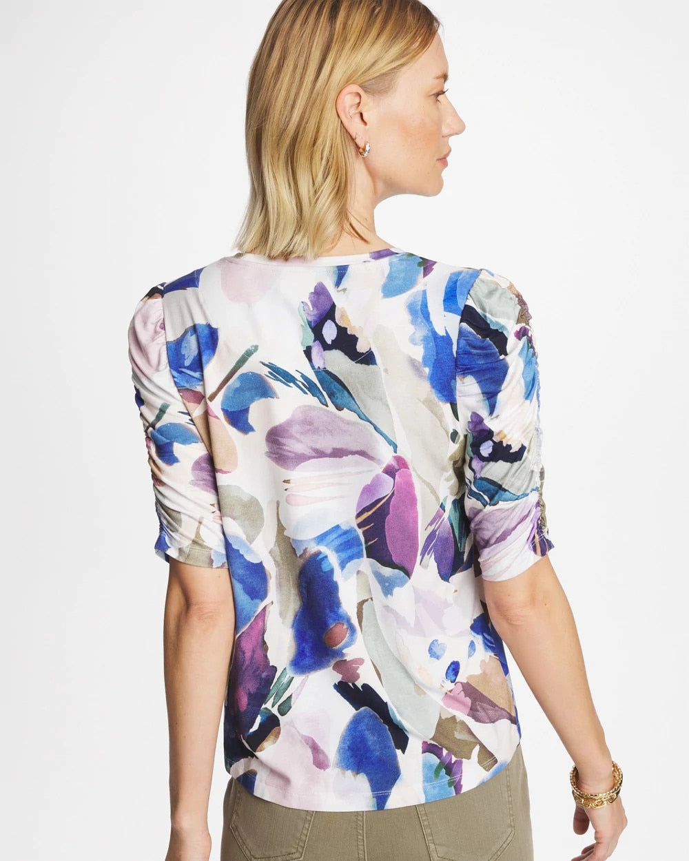 Chico's Geo Blur Ruched Sleeve Tee Passport Blue