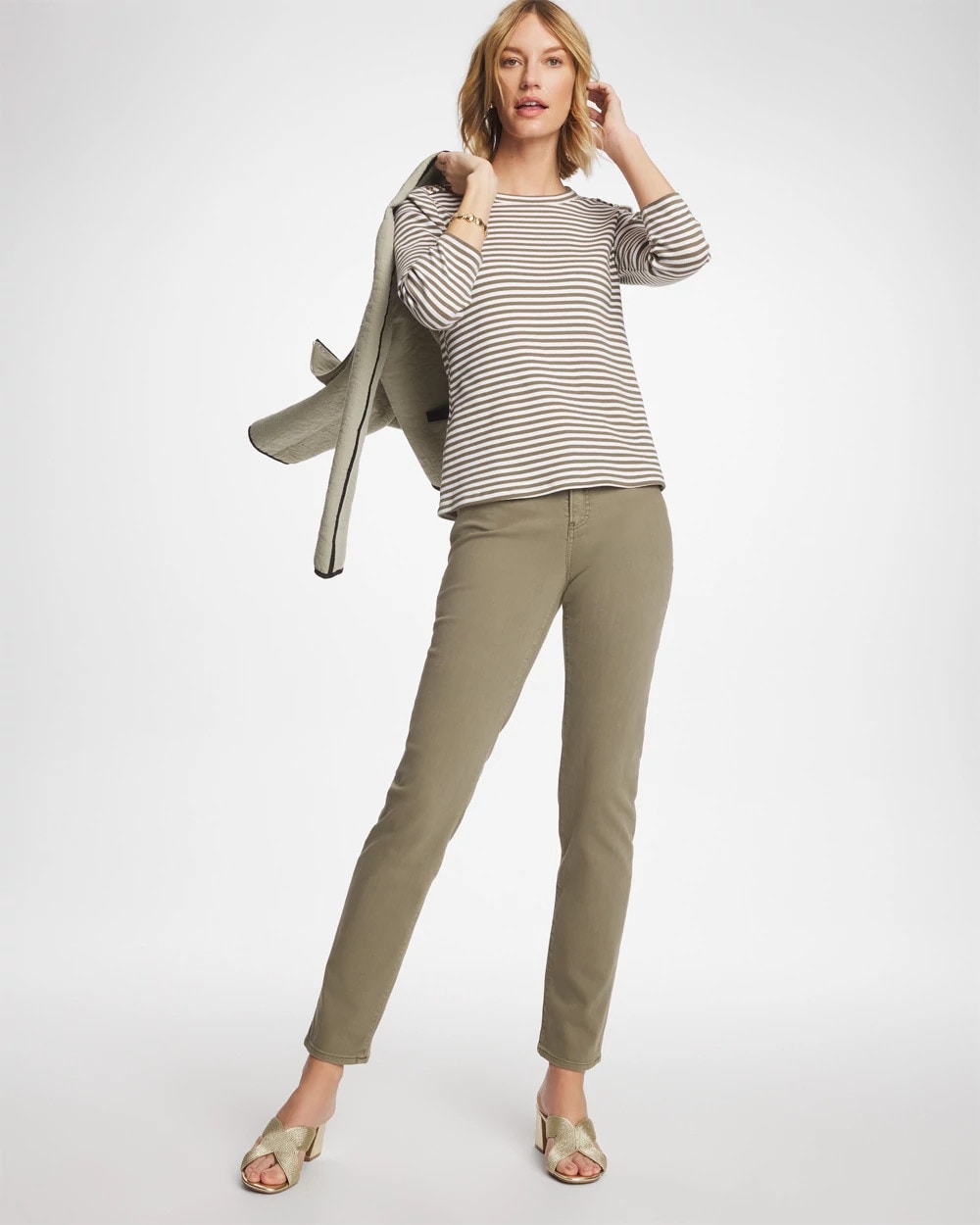 Chico's Striped Ribbed Button Crewneck Tee Lichen