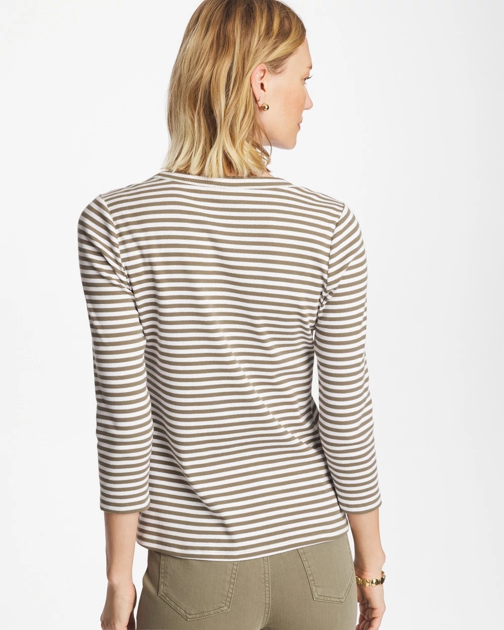 Chico's Striped Ribbed Button Crewneck Tee Lichen