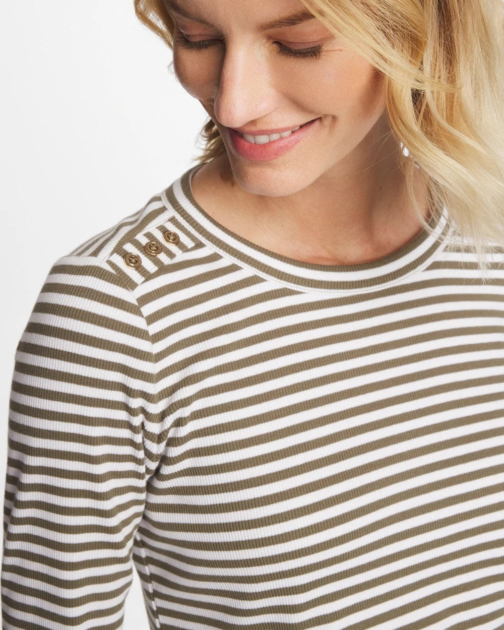Chico's Striped Ribbed Button Crewneck Tee Lichen