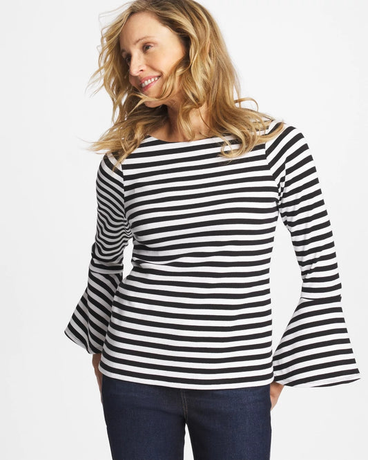 Chico's Striped Rib Knit Bell Sleeve Top Black