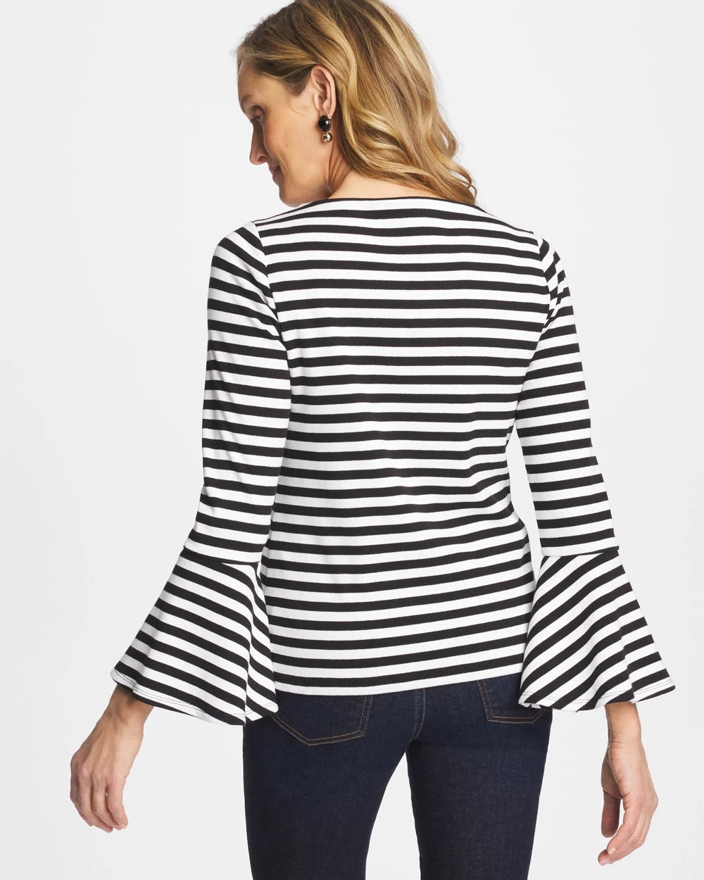Chico's Striped Rib Knit Bell Sleeve Top Black