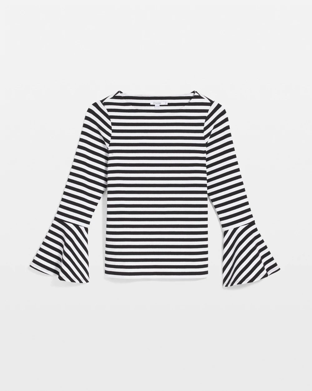 Chico's Striped Rib Knit Bell Sleeve Top Black