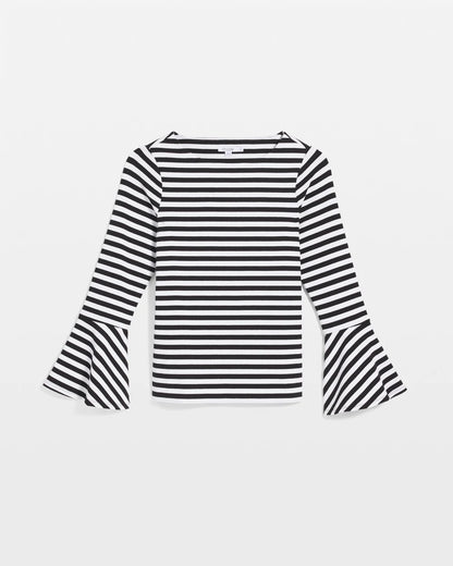 Chico's Striped Rib Knit Bell Sleeve Top Black