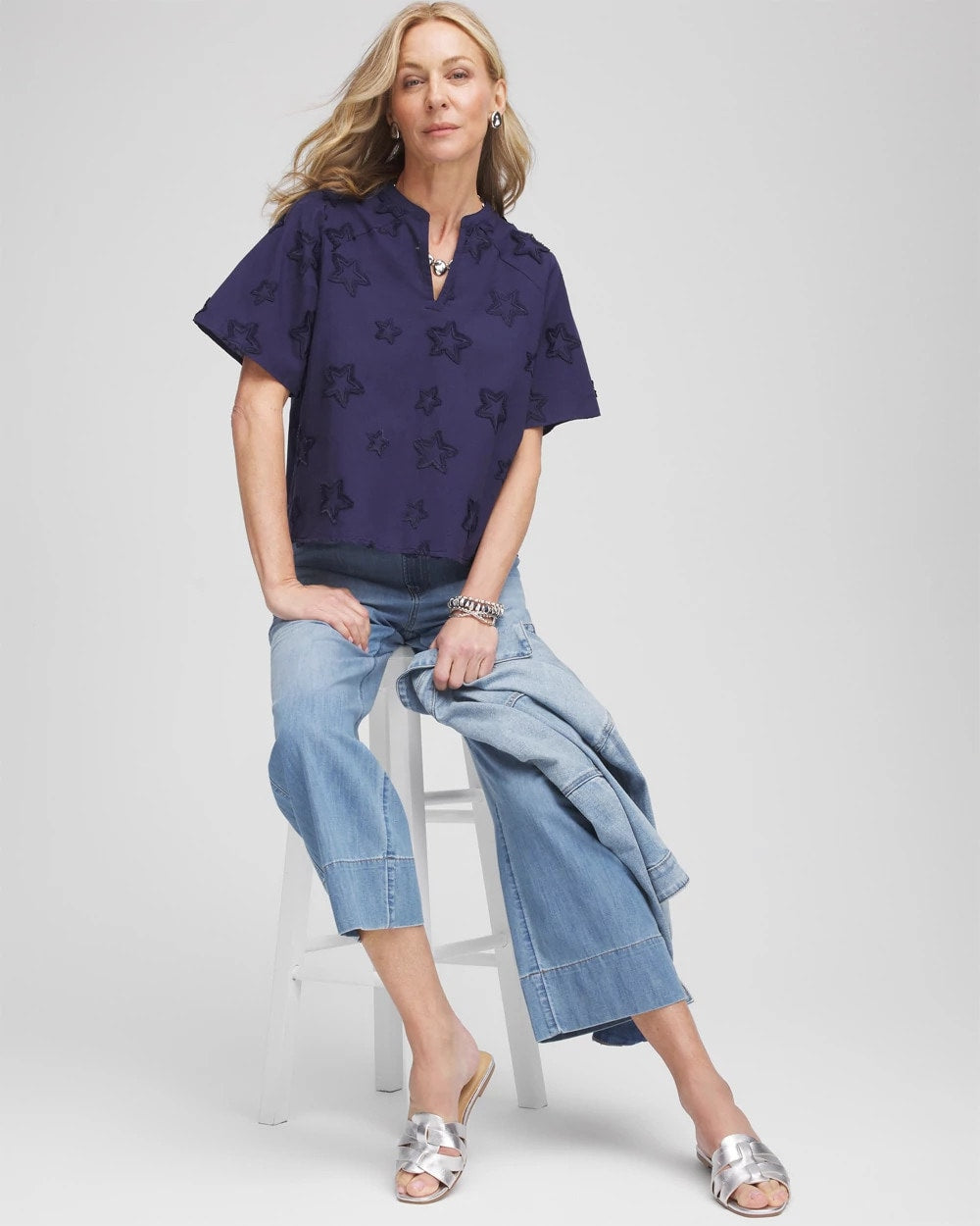 Chico's Embroidered Star Split Neck Blouse Passport Blue