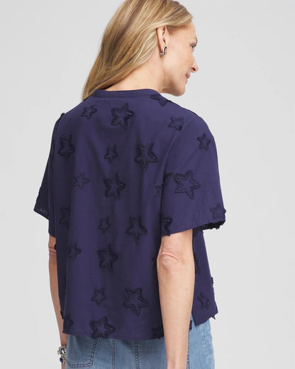 Chico's Embroidered Star Split Neck Blouse Passport Blue