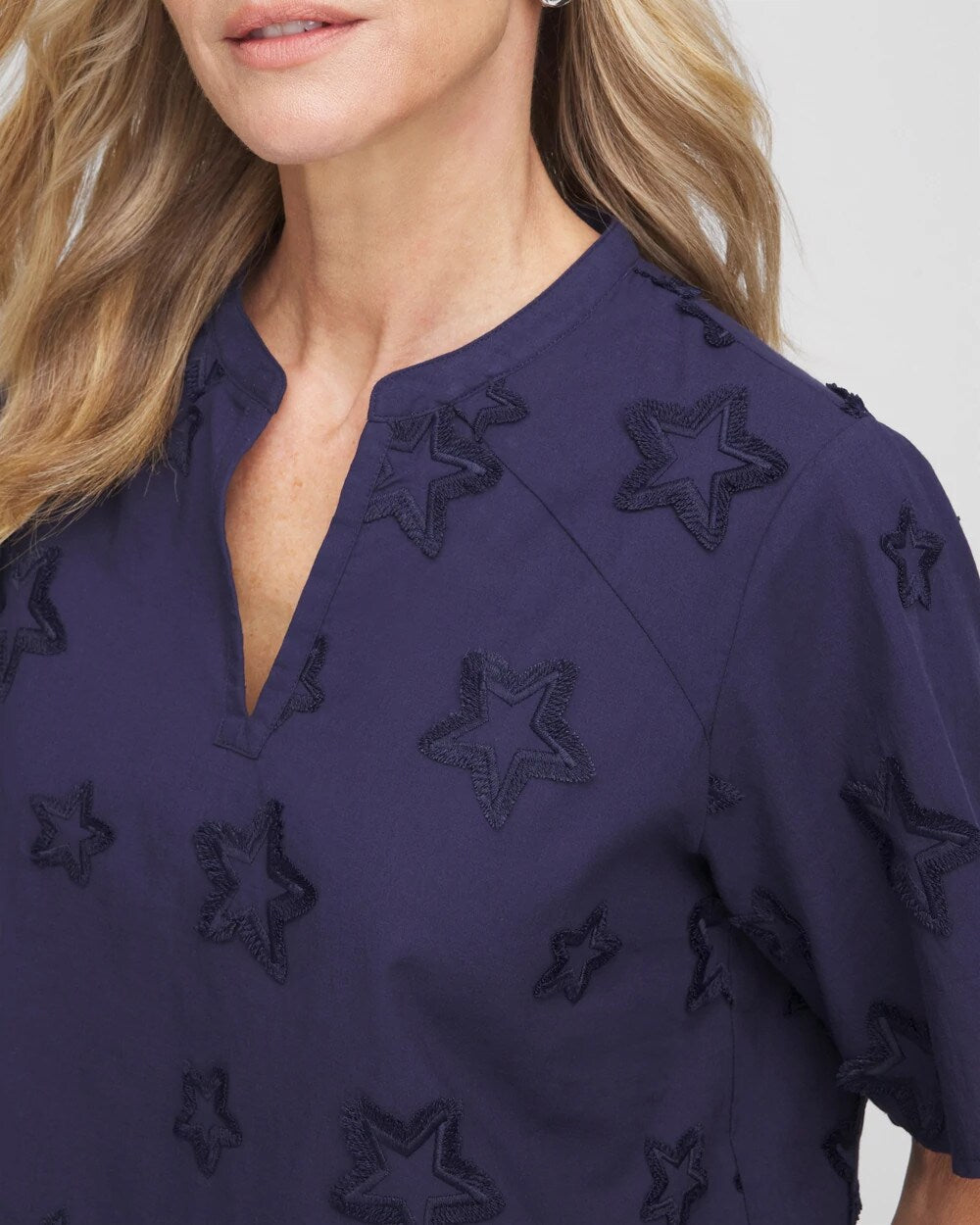 Chico's Embroidered Star Split Neck Blouse Passport Blue