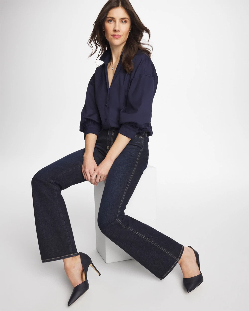 Chico's Poplin Billow Sleeve Blouse Passport Blue