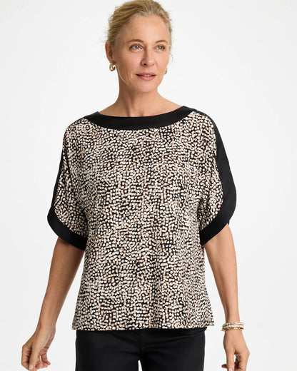 Chico's Printed Jersey & Satin Dolman Tee Cattail Brown