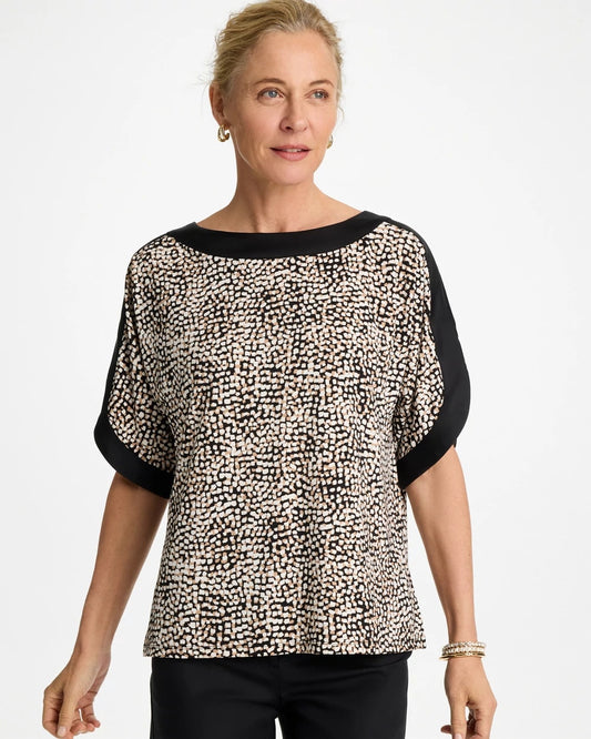 Chico's Printed Jersey & Satin Dolman Tee Cattail Brown