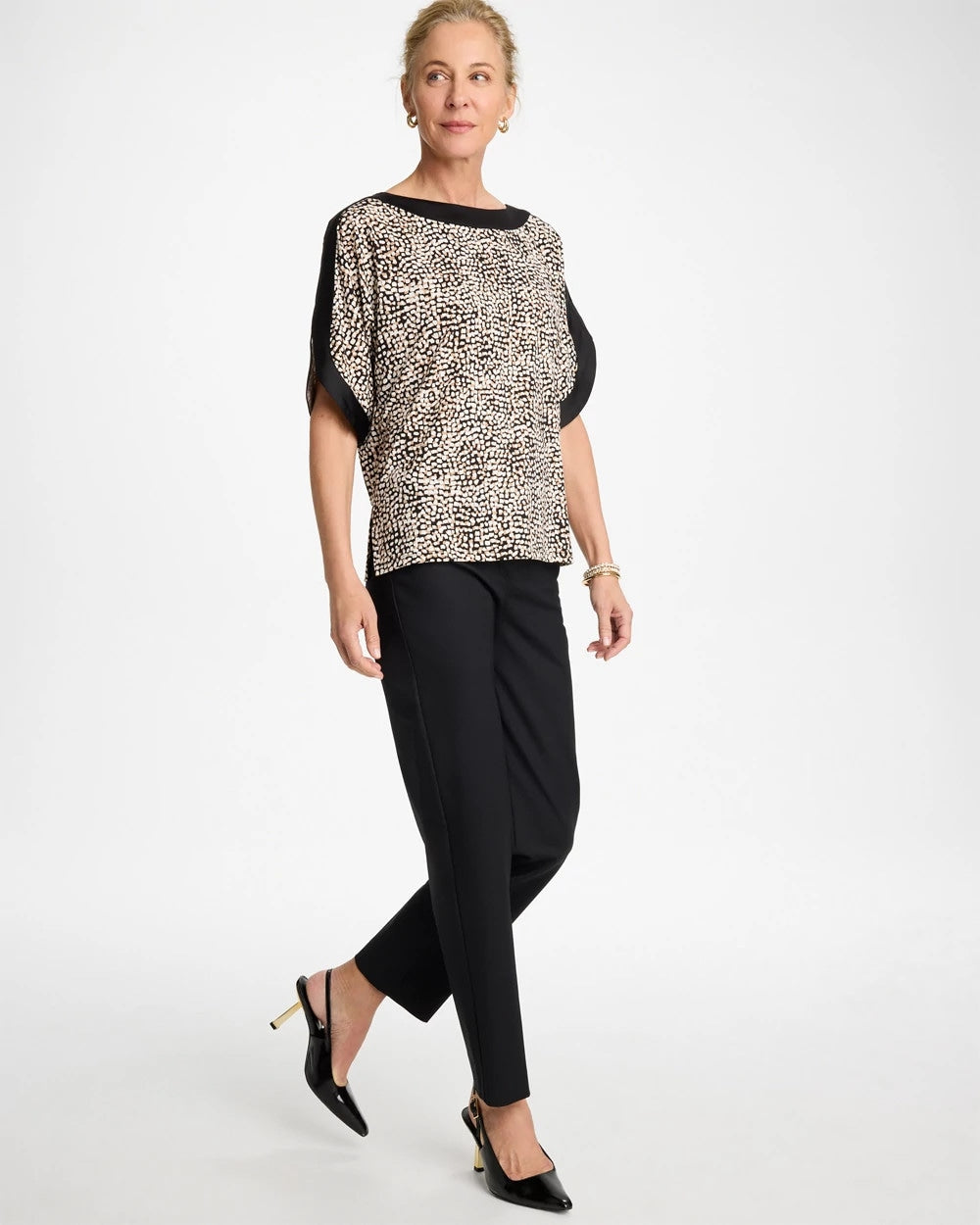 Chico's Printed Jersey & Satin Dolman Tee Cattail Brown