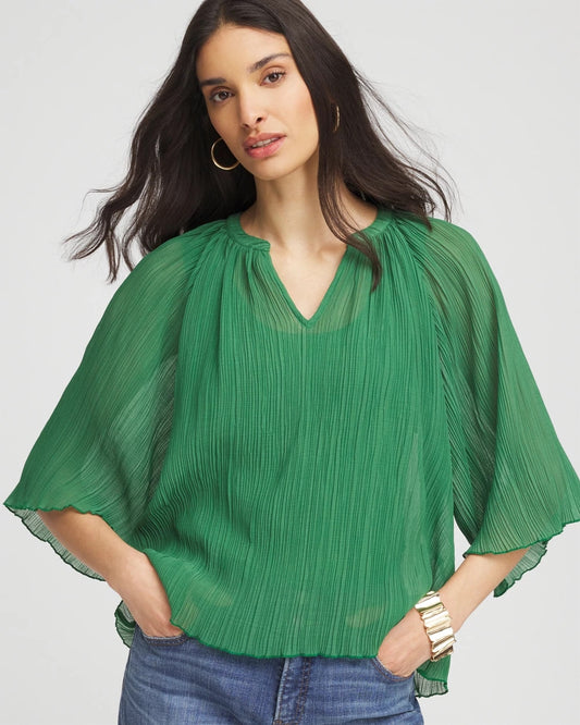Chico's Textured Pleated Chiffon Blouse Jardin Green
