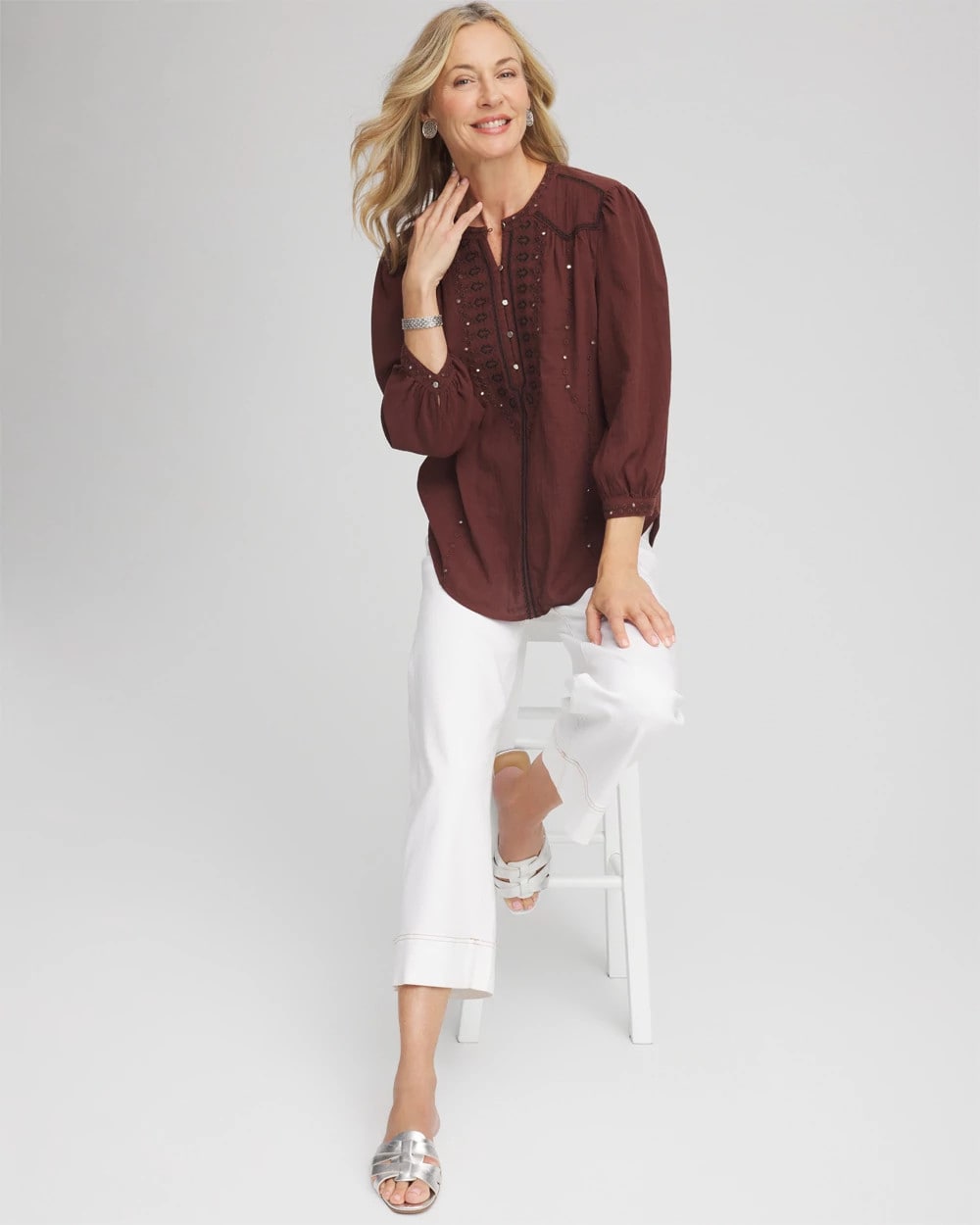 Chico's Embroidered Crinkle-Cotton Blouse Cacao