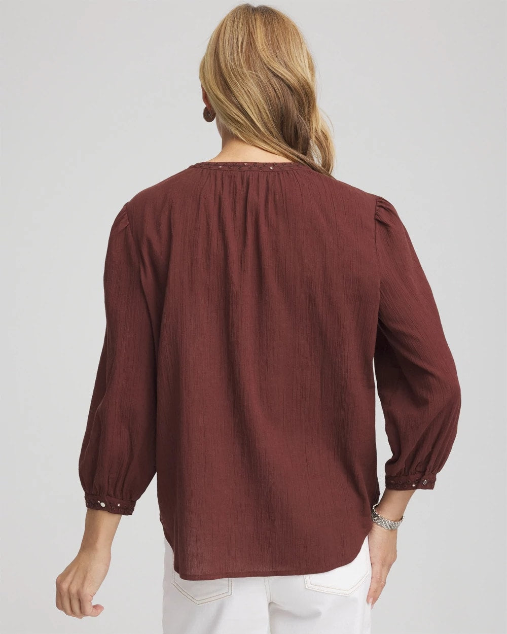 Chico's Embroidered Crinkle-Cotton Blouse Cacao