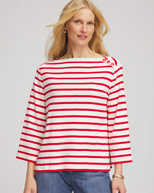 Chico's Bateau Neck Stripe Top Love Letter Red