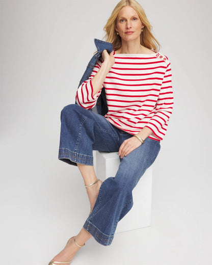 Chico's Bateau Neck Stripe Top Love Letter Red