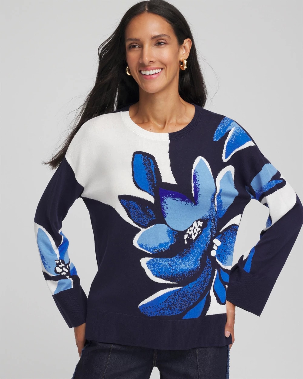 Chico's Floral Intarsia Crewneck Pullover Tidal Blue
