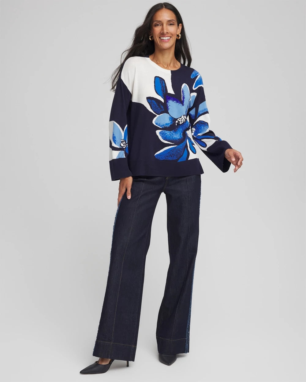 Chico's Floral Intarsia Crewneck Pullover Tidal Blue