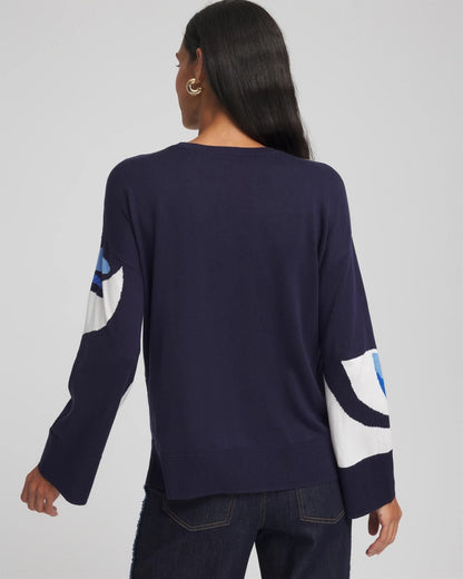 Chico's Floral Intarsia Crewneck Pullover Tidal Blue