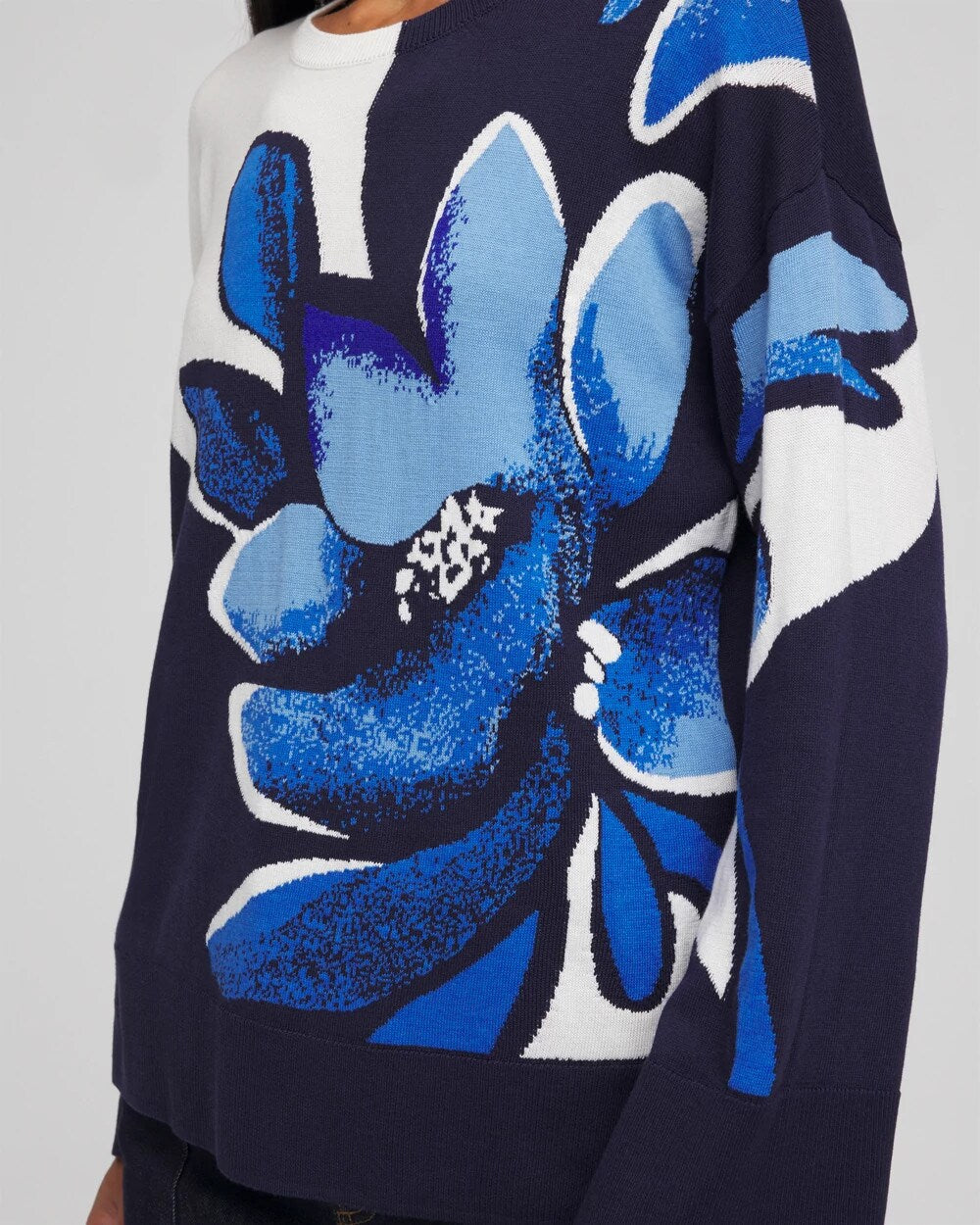 Chico's Floral Intarsia Crewneck Pullover Tidal Blue