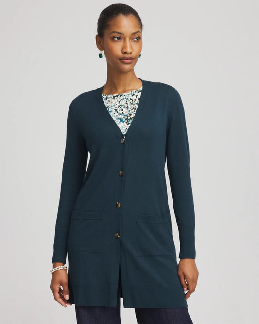 Chico's Ella Pocketed Cardigan Sweater Teal Shadow
