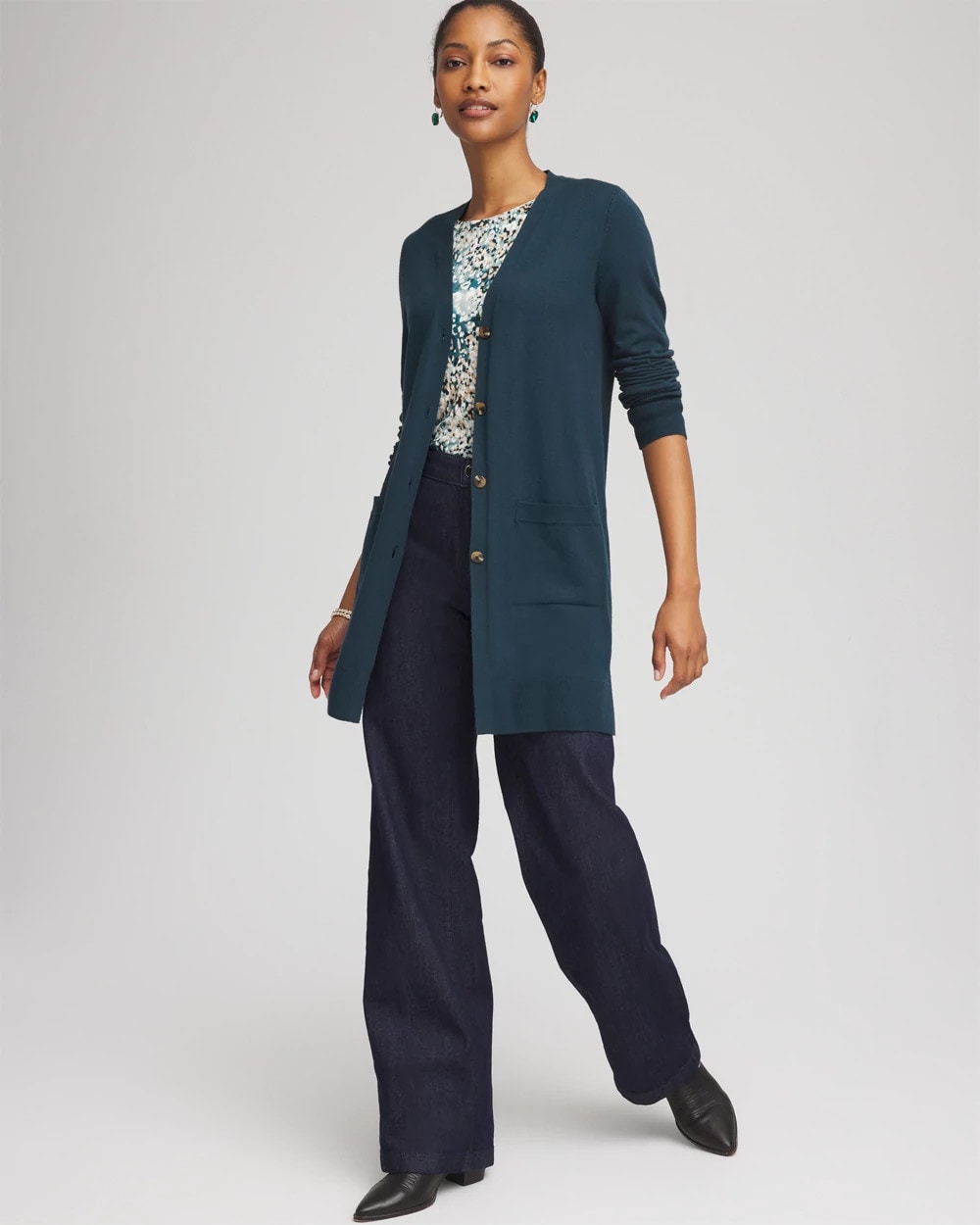 Chico's Ella Pocketed Cardigan Sweater Teal Shadow