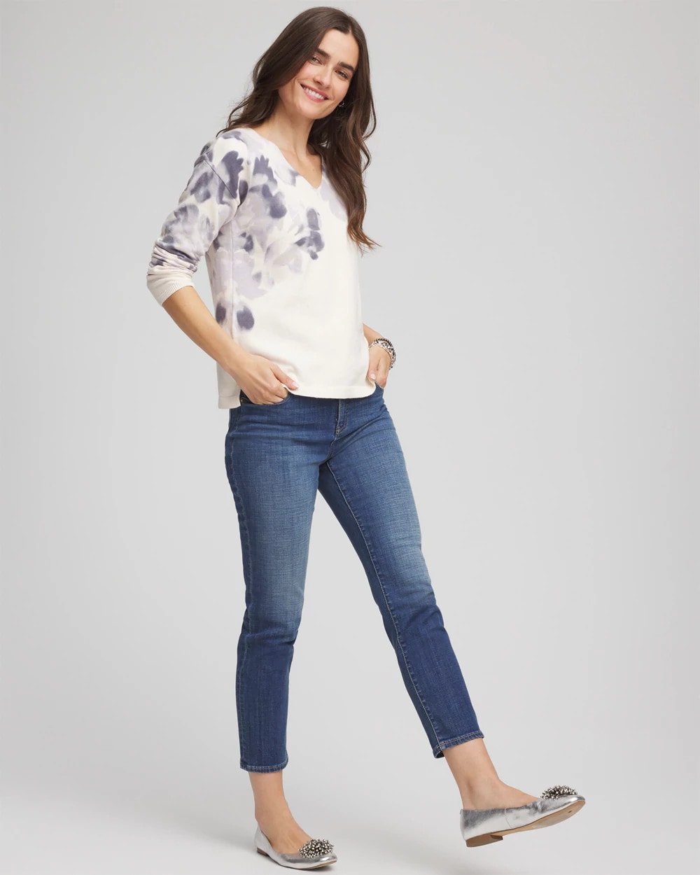 Chico's Printed V-Neck Sweater Multi