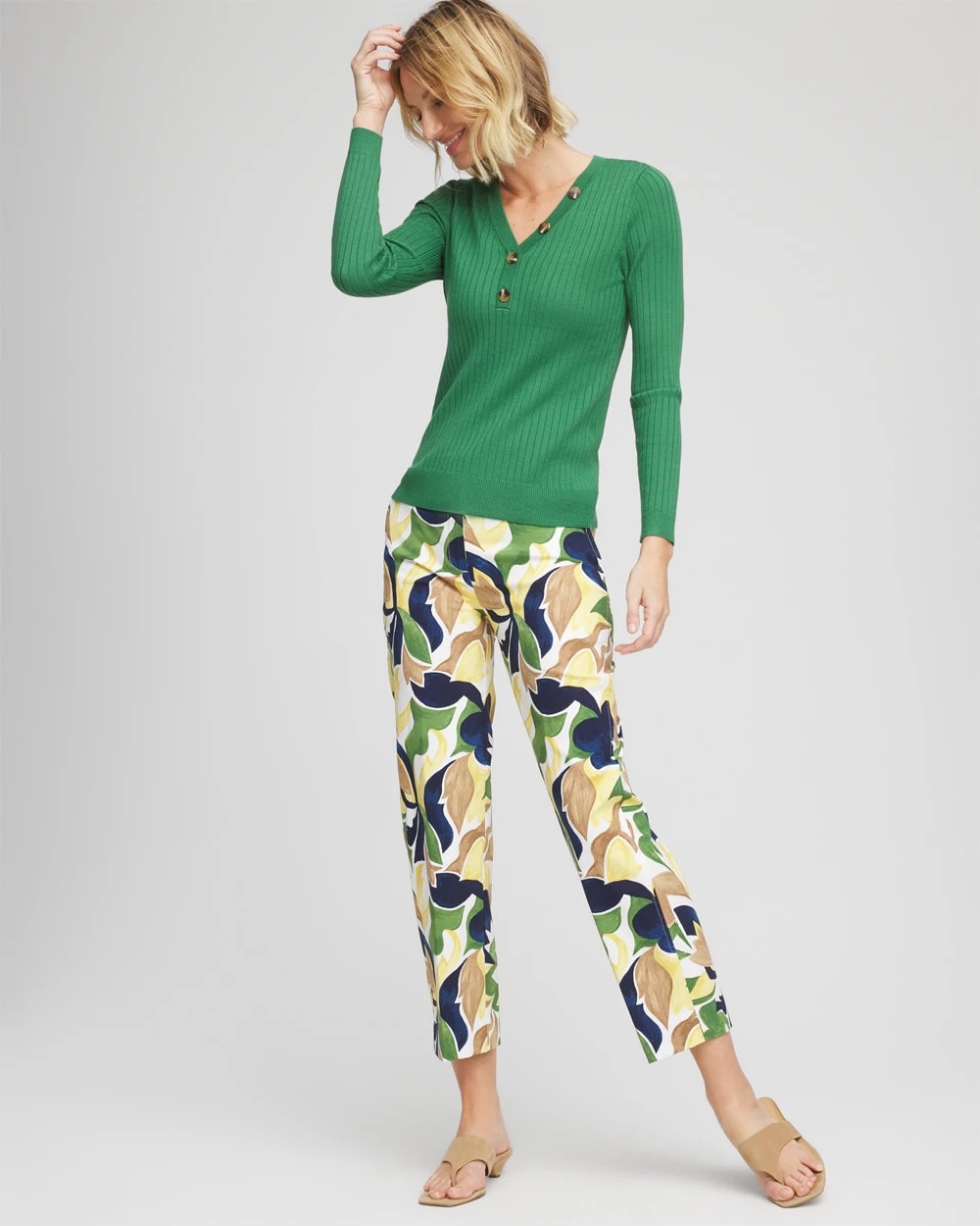 Chico's Ribbed Button Henley Sweater Jardin Green