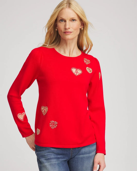 Chico's V-Day Embroidered Heart Pullover Love Letter Red
