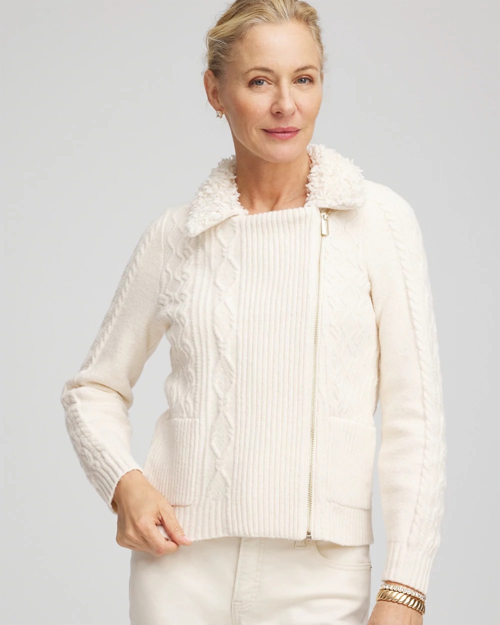 Chico's Fur Trim Moto Cardigan English Cream