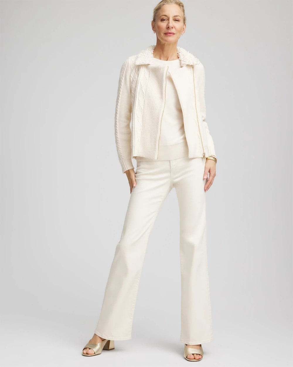 Chico's Fur Trim Moto Cardigan English Cream