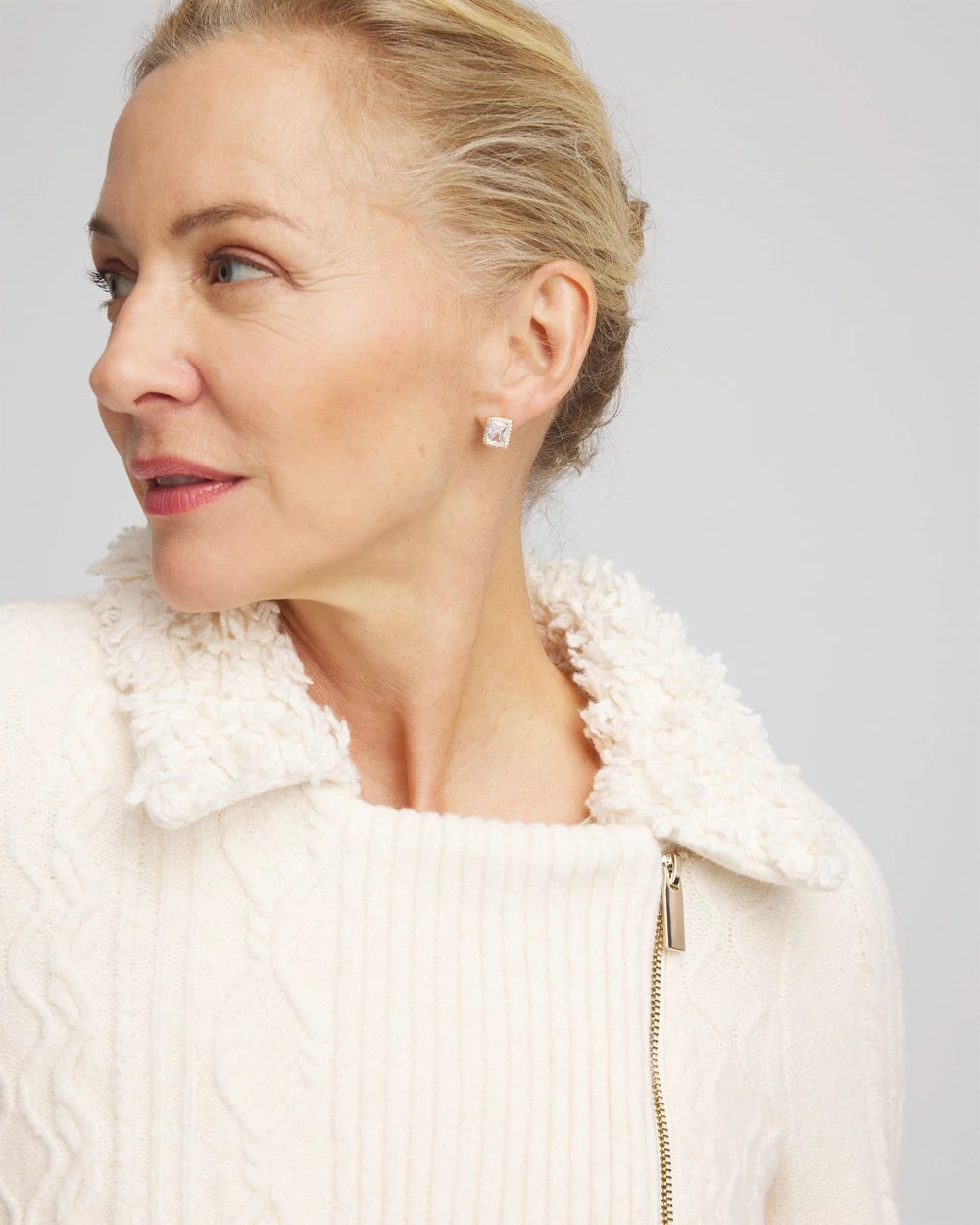 Chico's Fur Trim Moto Cardigan English Cream