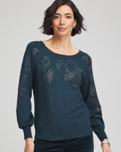Chico's Heatset Embroidered Pullover Teal Shadow