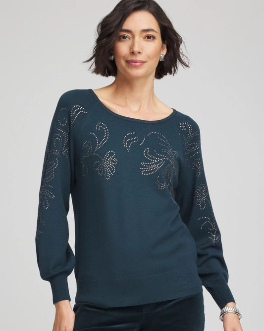 Chico's Heatset Embroidered Pullover Teal Shadow