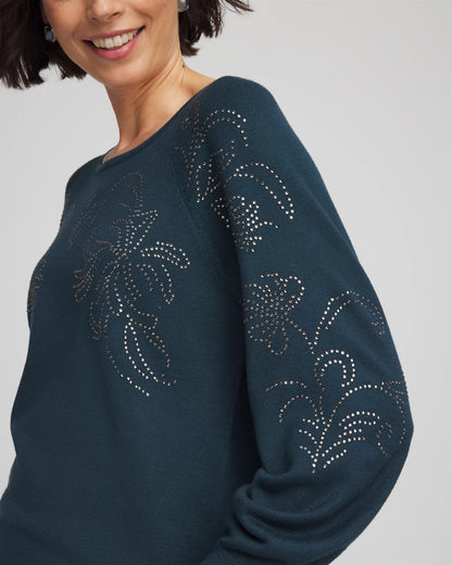 Chico's Heatset Embroidered Pullover Teal Shadow