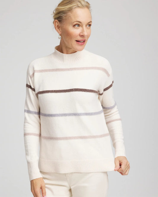 Chico's Sequined Stripe Pullover Sweater English Cream
