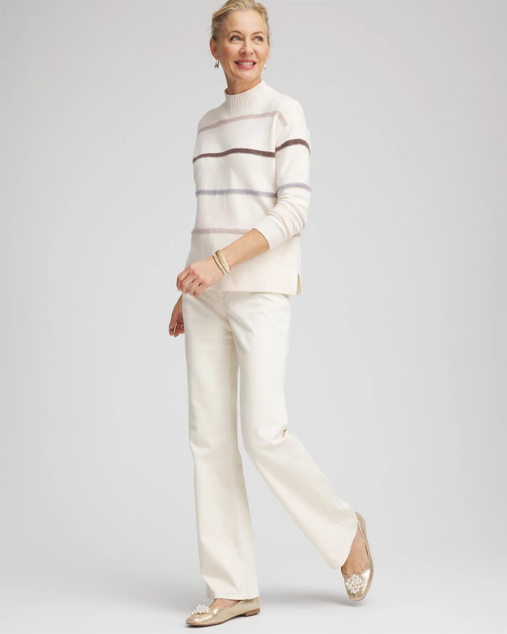Chico's Sequined Stripe Pullover Sweater English Cream
