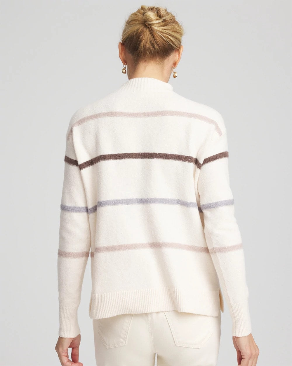 Chico's Sequined Stripe Pullover Sweater English Cream
