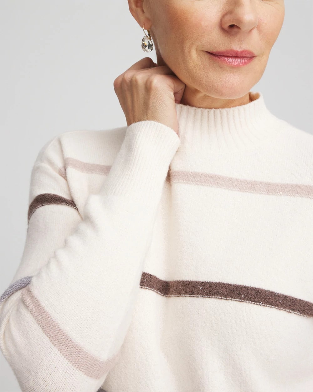 Chico's Sequined Stripe Pullover Sweater English Cream