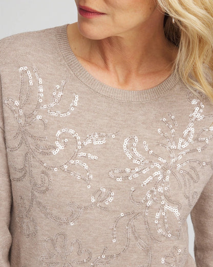 Chico's Floral Sequined Pullover Smokey Taupe