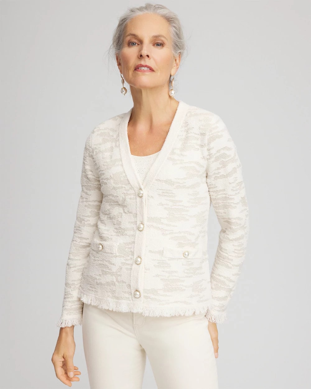 Chico's Fringe Textured V-Neck Cardigan English Cream