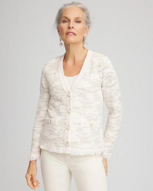Chico's Fringe Textured V-Neck Cardigan English Cream