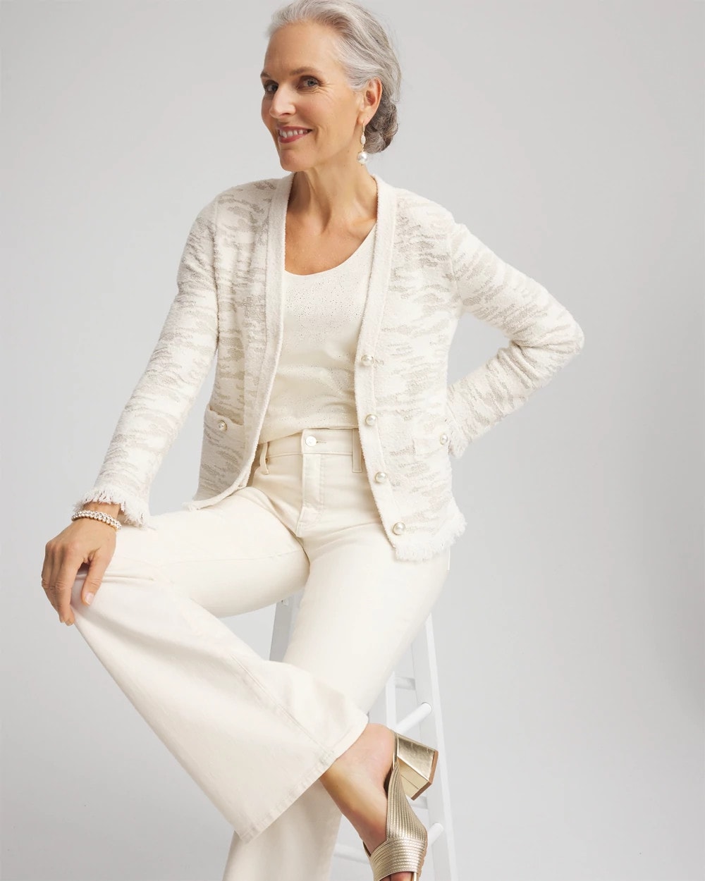 Chico's Fringe Textured V-Neck Cardigan English Cream